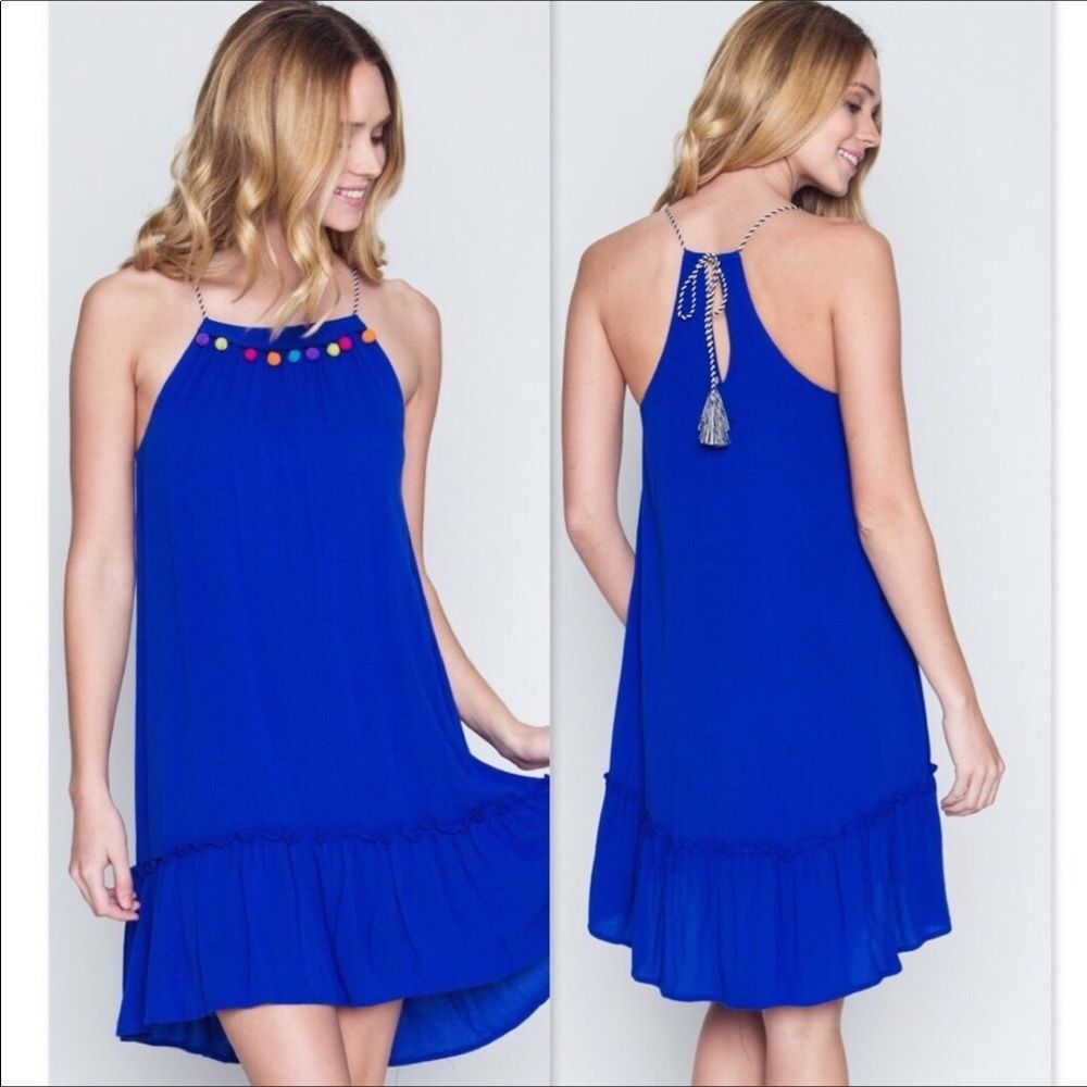 ROYAL BLUE RAYON DRESS WITH POM POM DETAIL
